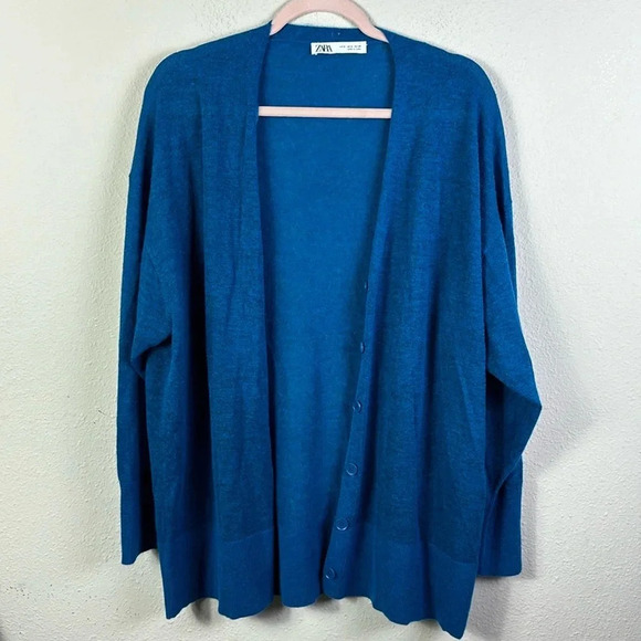 Zara Wool Alpaca Blend V-Neck Oversized Lightweight Cardigan teal blue sz medium - Picture 3 of 9